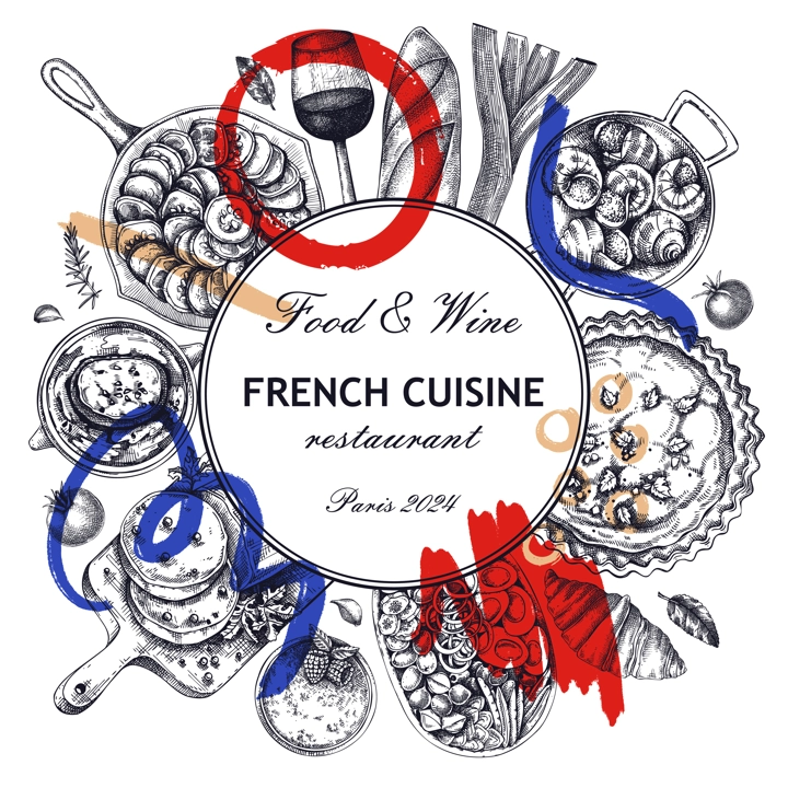 Collage-style French food wreath design. Trendy food and wine sketches. European restaurant menu template. France background. Hand-drawn vector illustration, NOT AI generated